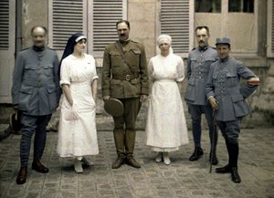 French military doctors and nurses in front of Saint-Paul Hospital, Soissons, Aisne, France, 1917 by Fernand Cuville