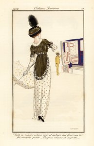 Woman in waistcoat of pekine velvet over a printed sheath dress by Fernand Siméon