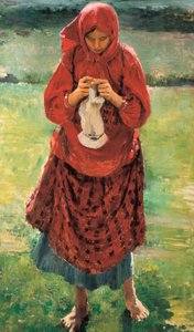 A young peasant woman knitting a stocking