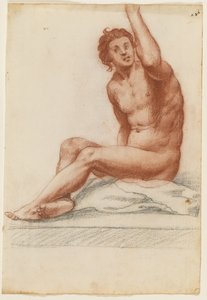 Male Figure with His Body Turned Left, His Left Arm Reaching Upwards, Sitting on a Cloth
