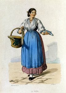 Small business of the Kingdom of Naples: Young Neapolitan servant returning from the march. Engraving after a painting by F. Palizza. From a work by Francesco de Bourcard 