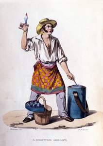 Small business of the city of Naples: the seller of ice cream and sorbets. Engraving after a painting by F. Palizza. From a work by Francesco de Bourcard “Costumi del regno di Napoli”