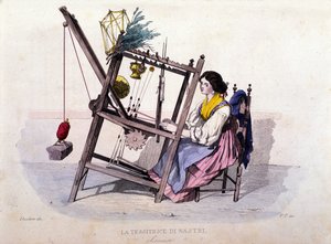 Small business of the kingdom of Naples: young woman from Sorrento weaving ribbons. Engraving after a painting by F. Palizza. From a work by Francesco de Bourcard Costumi del regno di Napoli