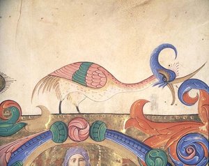 Fantastical bird, detail of the decoration surrounding an historiated initial from a Choir Book executed before 1449 (detail)