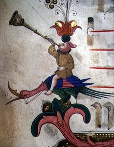 Figure blowing a horn, mounted on a harnessed bird, detail of decorative border from a Choir Book executed before 1449 (detail)
