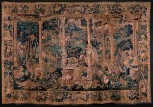 Flemish Tapestry. Landscape with Pergola and Large Animals. Version with Extensive Pergola. Atelier of Oudenaarde. 340x498cm. 17th Century.