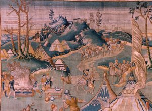 Flemish tapestry. Military camp near the river Granikos. Atelier of Oudenaarde. 17th century