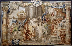 Flemish tapestry. Series Apotheosis of the Eucharist. Sacrifice of Mosaic Law. Model Cartoon copied from an original by Rubens. Brussels manufacture. Mid-17th century