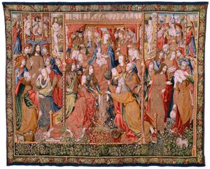 Flemish Tapestry. Series Episodes from the Life of the Virgin. The Prophecies are Fulfilled at the Birth of Christ. First Tapestry in the Series. Models Attributed to Jan von Roome. Manufacture Pieter van Aelst, Brussels. Ca 1502-1504