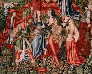 Flemish Tapestry. Series Human Redemption or Vices and Virtues. Vices Lead Man to Sin. Second Tapestry in the Series (First of Those Kept in Palencia). Brussels’ Manufacture, Workshop. Ca 1510. Size 425 x 800 cm. Fabric Gold, Silk and Wool. by Flemish School
