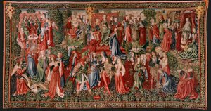 Flemish Tapestry. Series Human Redemption or Vices and Virtues. Vices Lead Man to Sin. Second Tapestry in the Series (First of Those Kept in Palencia). Brussels’ Manufacture, Workshop. Ca 1510. Size 425 x 800 cm. Fabric Gold, Silk and Wool.