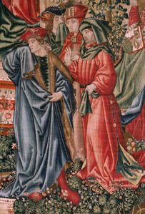 Flemish Tapestry. Series Human Redemption or Vices and Virtues. The Virtues Challenge the Vices when Christ Begins His Ministry. Sixth Tapestry in the Series (Third of Those Kept in Palencia).