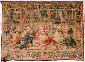 Flemish tapestry. Series Mark Anthony and Cleopatra. Cleopatra and her court. Model Cartoon attributed to Pieter Coecke van Aelst. Manufacture Brussels(?). Second half of 16th century. Fabric Silk and wool. Size 310 x 435 cm