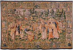 Flemish Tapestry. Series Story of Cyrus. Tomyris Orders the Head of Cyrus to be Dipped in a Vessel of Blood. Anonymous, Based on Michiel Coxcie. Atelier Antwerp