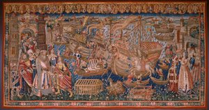Flemish tapestry. Series The Portuguese in India: The Arrival in Calicut. Ca 1510. Collection Caixa Geral de Depósitos, Lisboa. by Flemish School