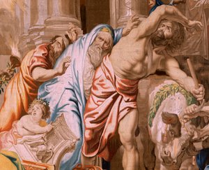 The Triumph of the Eucharist. Victory of the Eucharist over pagan sacrifices. Fourth tapestry in the series. 1626-1628 by Flemish School