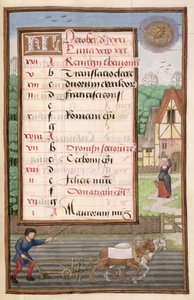 Ploughing with Two Horses, illuminated calendar page for October, from a Book of Hours, c.1500