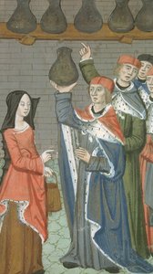 Woman with basket bringing urinalis magnus, from De Medina Fen I. II, by Avicenna (980-1037) by Flemish School