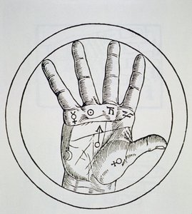 Position of the Planets on the Right Hand, copy of an illustration from De Occulta Philosophia Libri III, by Henricus Cornelius Agrippa, Antwerp 1533, used in a History of Magic, published late 19th century