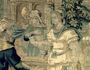 The daughters of Jethro tell their father about their meeting with Moses (detail) by Flemish School
