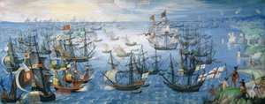 The launching of English fireships on the Spanish fleet off Calais with Queen Elizabeth I on horseback on shore, on the night of 7th August 1588