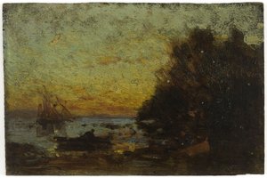 Boat and sailboats, sunset. On reverse: Marine, between 1850 and 1860
