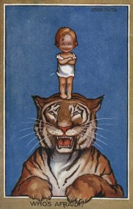 Baby Standing on Head of Tiger by Flora White