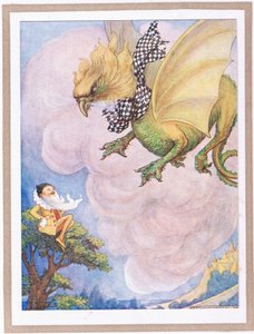 The griffin saw a little yellow man sitting on the top of a tree by Flora White