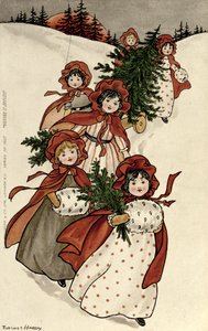 Little Girls with Holly and the Christmas Tree