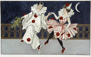 Pierrot and Colombine dancing in the moonlight - drawing by Florence Hardy, early 20th century by Florence Hardy