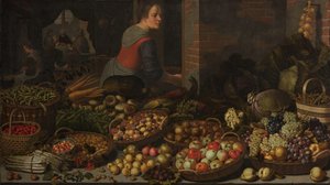Still Life with Fruit and Vegetables, with Christ at Emmaus in the Background