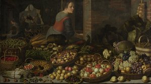 Still Life with Fruit and Vegetables, with Christ at Emmaus in the Background, c. 1630