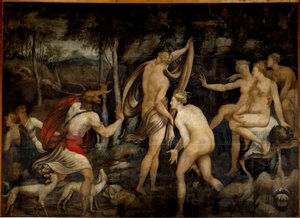 Diana (Artemis), goddess of hunting, and Actaeon, hunter. Painting of the School of Fontainebleau (16th century) by Fontainebleau School