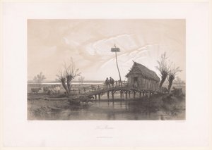 Marsh Landscape with Cows and Figures by a House with Bridge