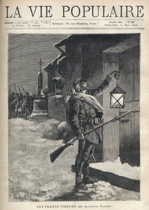 A soldier carrying all his gear, a bayonet rifle, and waving a lantern in front of the closed door of a townhouse. Behind him, near the Iron Cross, the rest of the troupe arrives to join him. Illustration for Les Francs Shoirers by Alph by Fortune Louis Meaulle