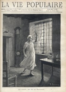A woman in a shirt and night cap, with a face full of fear, stands barefoot in front of the window of her house. Illustration by W by Fortune Louis Meaulle