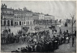 Depart of Bordeaux-Paris cycling race in 1891 - engraving by Meaulle of 1891