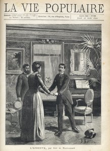 In a bourgeois living room, a man rises precipitously towards the mistress of the house and grabs her hands, dropping his hat on the floor, under the astonished gaze of another man. Illustration by Bernard Borione for the text by Guy by Fortune Louis Meaulle