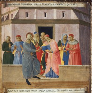 Judas Went to the Chief Priests and Agreed to Hand Over Jesus in Exchange for Thirty Silver Coins. Life of Christ, Armadio degli Argenti by Fra  Angelico