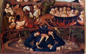 The Last Judgment: detail of the Underworld. Damned in the infernal circles, tortures by demons. Detail of a tempera on wood by Guido di Pietro (or Fra Giovanni da Fiesole) called Fra Angelico or il Beato