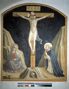 Crucifixion with the Virgin Mary and Saint Dominic. Inscription "INRI" on the Cross by Fra Angelico