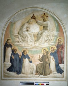 The Coronation of the Virgin. From Left to Right: Saint Thomas, Saint Benedict of Nursia, Saint Dominic, Saint Francis, Saint Peter Martyr, and Saint Mark. Fresco by Guido di Pietro
