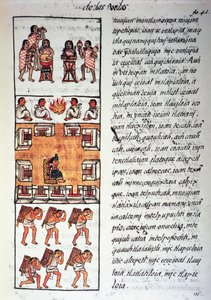 Aztec society, musicians, king and merchants, text in Nahuati, from facsimile of manuscript General History of Things of New Spain, also known as Florentine Codex, by Bernardino de Sahagun
