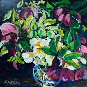 Helibore and Primroses on a Dark Ground by Frances Naggs