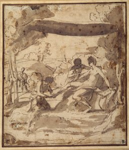 Venus, reclining under a rustic canopy, with Adonis fastening her sandal by Francesco Albani