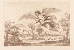 Angel Carrying Two Babies and Flying Over Sleeping Cattle by Francesco Bartolozzi