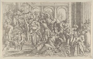 Saint Roch at left distributing alms to a group of people gathered around him, ca. 1590-1600 by Francesco Brizio