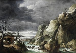 Travellers Approaching a Barn in a Winter Landscape, Under a Stormy Sky