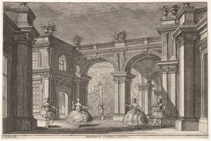 Two Ladies and Two Gentlemen Dancing within an Ornate Architectural Setting, a Fountain at... by Francesco Galli Bibiena