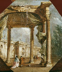 Capriccio of a Folly with an Elegant Couple and a Dog